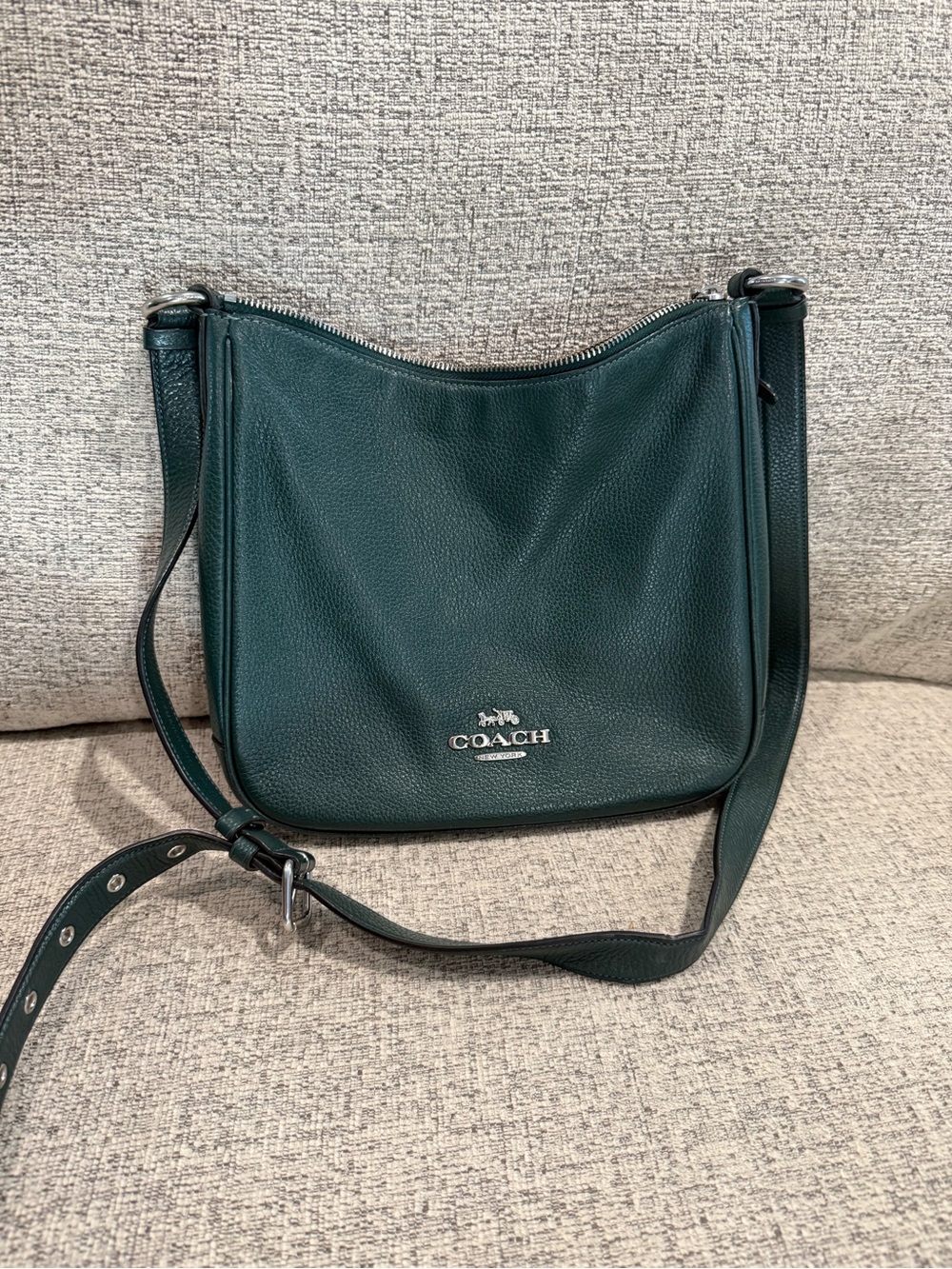 Coach Pebbled Leather Crossbody Bag in Dark Green with Silver Hardware